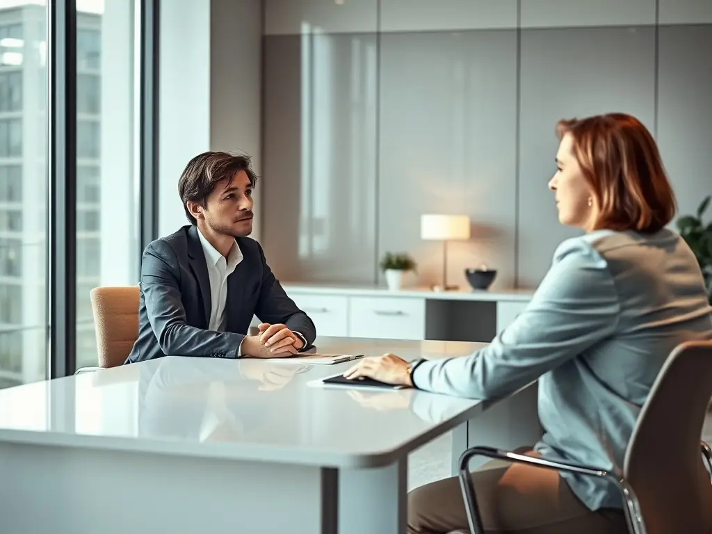 An image of a business coach guiding an entrepreneur through a stress management exercise in a modern office setting, symbolizing personalized support and guidance.