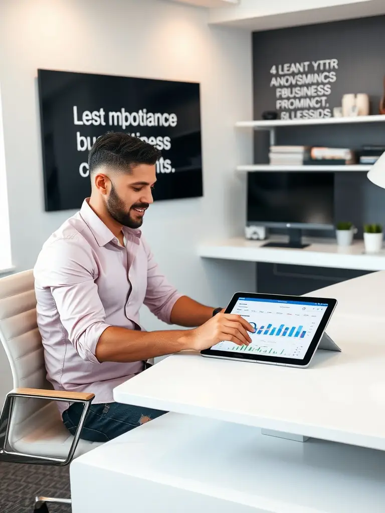 A professional entrepreneur looking calm and confident while reviewing financial data on a tablet in a modern office setting, symbolizing effective stress management and informed decision-making.