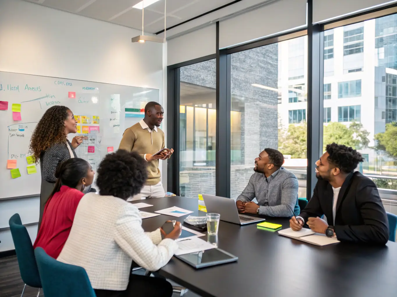 A photograph of a diverse group of entrepreneurs participating in a stress management workshop, showcasing collaborative learning and community support.