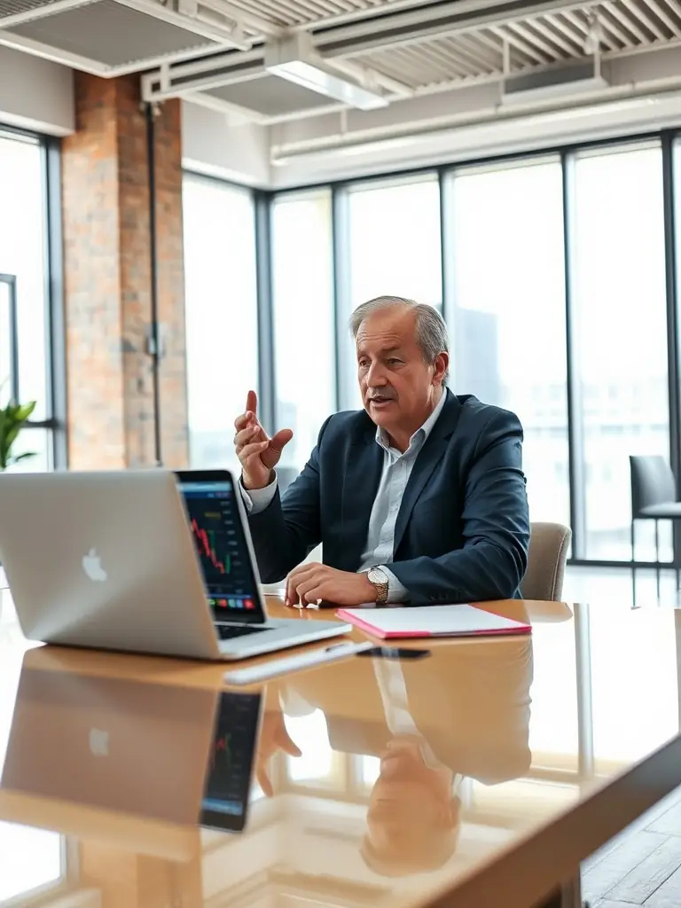 An entrepreneur confidently presenting a financial plan to a team, showcasing leadership and strategic economic planning for long-term success.
